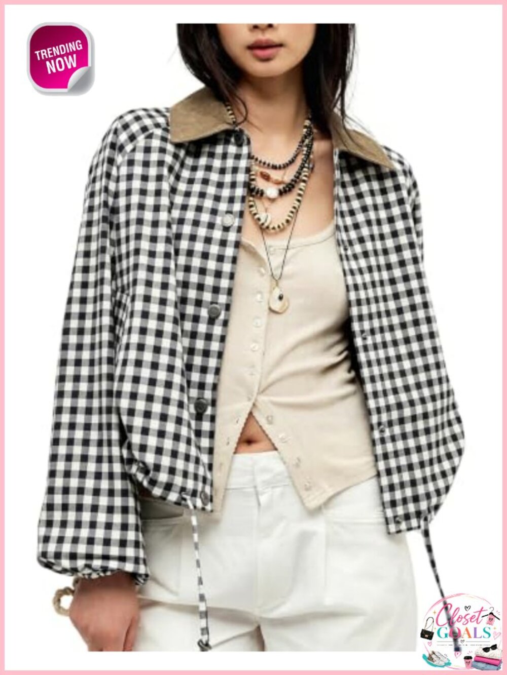 Women Cropped Gingham Plaid Button-Down Jacket Contrast Collar Drawstring